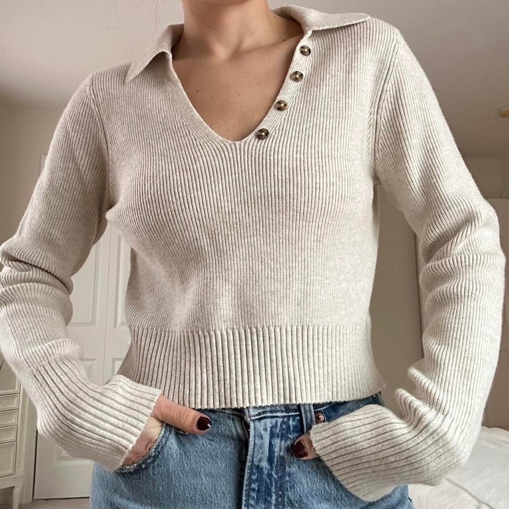 Women's Cream Sweater with Button Detail